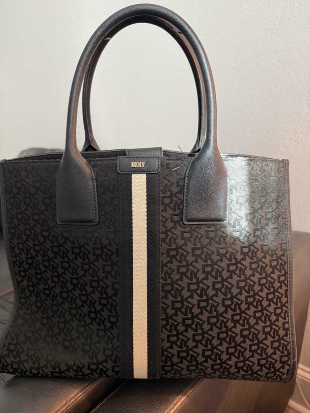 DKNY Black Logo Tote with Cream Center Stripe Accent
